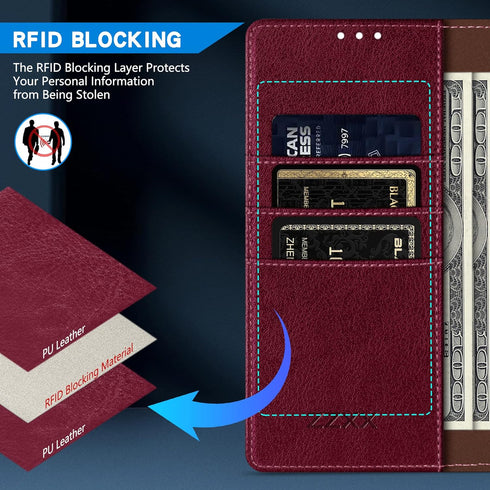 ZZXX Samsung Galaxy Note 20 Ultra Wallet Case with RFID Blocking, Leather Flip Fold Protective Case, Wine Red
