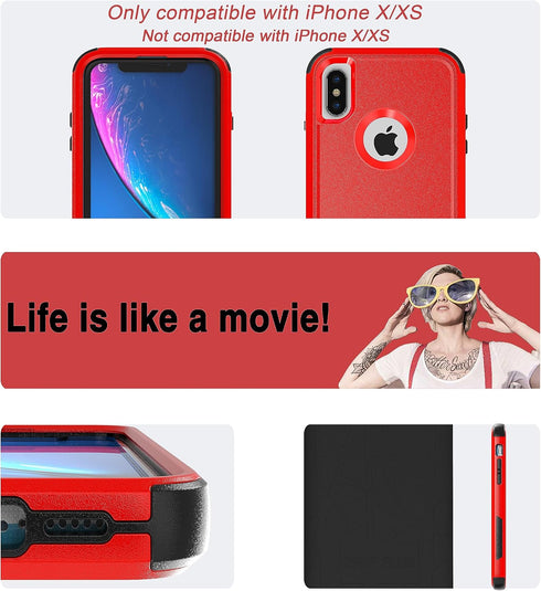 YmhxcY iPhone X/Xs Case with 2 EPU Screen Protectors, Shockproof & Dropproof Protection - Red/Black, 5.8"