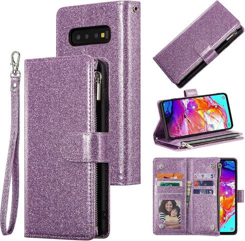 UEEBAI Wallet Case for Samsung Galaxy S10 Plus, PU Leather Magnetic Closure Handbag with Card Slots (Glitter Purple)