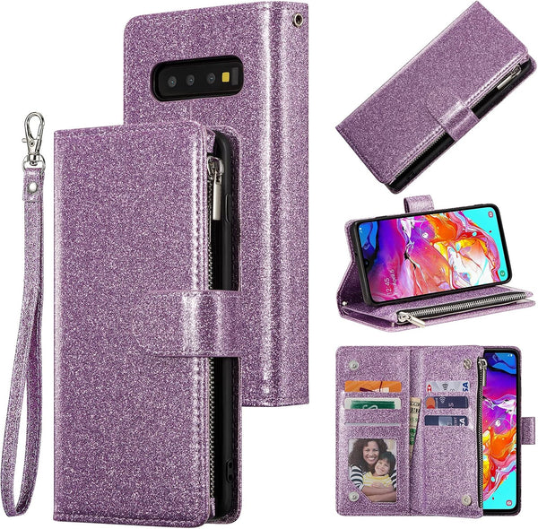 UEEBAI Wallet Case for Samsung Galaxy S10 Plus, PU Leather Magnetic Closure Handbag with Card Slots (Glitter Purple)
