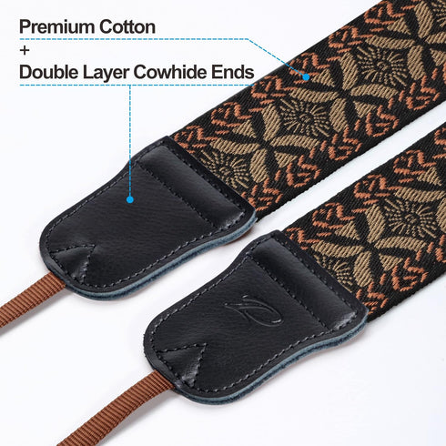Padwa Lifestyle Mystic Grey Embroidered Camera Strap, Double Layer Cowhide Ends, Adjustable Vintage Neck Strap