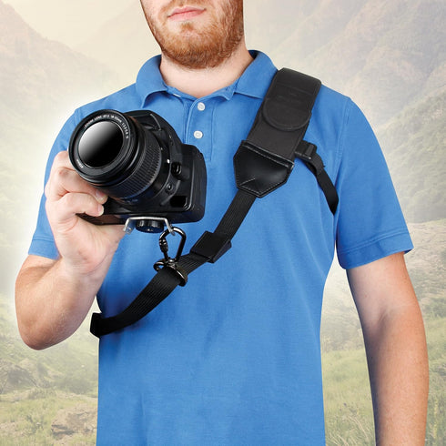 USA Gear Camera Sling Shoulder Strap - Adjustable Neoprene, Safety Tether, Accessory Pocket, Quick Release Buckle