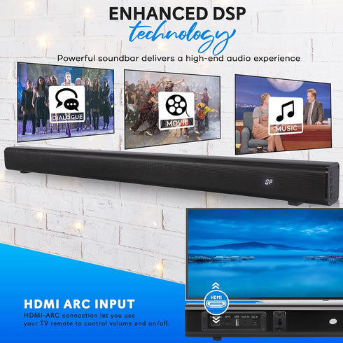 Pyle TV Speaker, Quality Audio Soundbar with Bluetooth, Support 4K & HDMI TVs, Wall Mountable, 32" with Remote Control