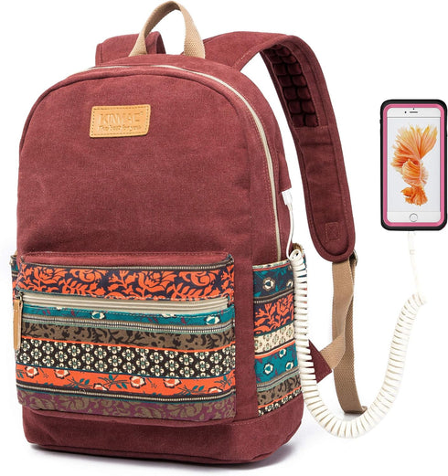 Kinmac Canvas Backpack with Massage Cushioned Straps,Travel Outdoor Backpack (Wine-Bohemian)