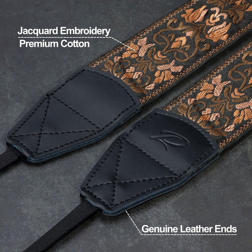 Padwa Lifestyle Camera Strap - 2" Wide Vintage Jacquard Embroidery Flower Camera Straps with Genuine Leather Head,Complimentary 2 Pcs Quick Release Clips for All Cameras and Men & Women Photographers