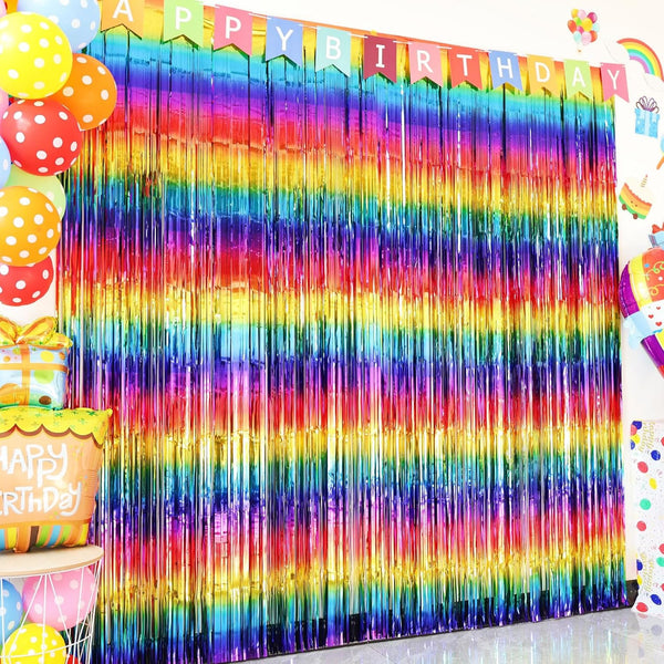 Sparkly Rainbow Foil Fringe Curtain, Metallic Streamers Tinsel Party Backdrop Decorations - 2 Packs