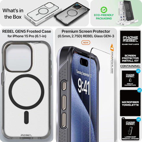 REBEL Clear Case for iPhone 15 Pro, Frosted Series Gen-5, Strong MagSafe Compatible, Protective Shockproof Bumpers