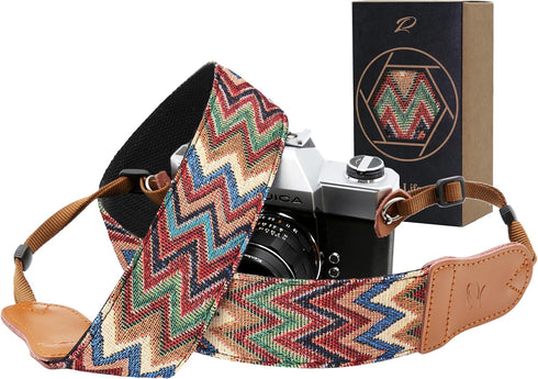 Padwa Lifestyle Camera Strap - 2" Cowhide Head Straps for Photographers, Adjustable Vintage Jacquard Cotton Neck Straps