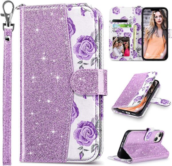 ULAK iPhone 13 Wallet Case for Women, Premium PU Leather Flip Cover with Card Holder, Kickstand - Purple Glitter