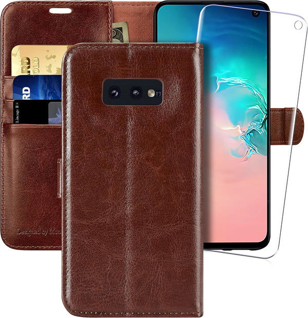 MONASAY Wallet Case for Galaxy S10e, 5.8 inch, Flip Folio Leather Cover with RFID Blocking, Brown, Screen Protector