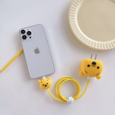 3D Cute Cartoon Charger Protector Case, Compatible for Apple 20W USB-C Power Adapter and Lightning Cable (Yellow Winnie)