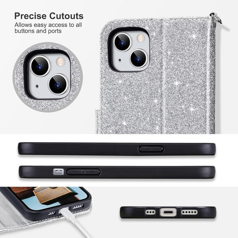 ULAK Wallet Case for iPhone 14 Plus, Card Holder, Flip Case for Women, PU Leather Kickstand, Shockproof, Silver