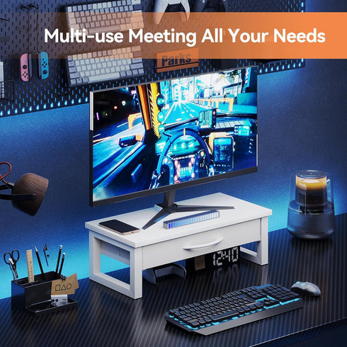 HEWORLIF Desk Organizers and Accessories, Computer Monitor Stand Riser with Drawer, White Laptop Stand for Desk
