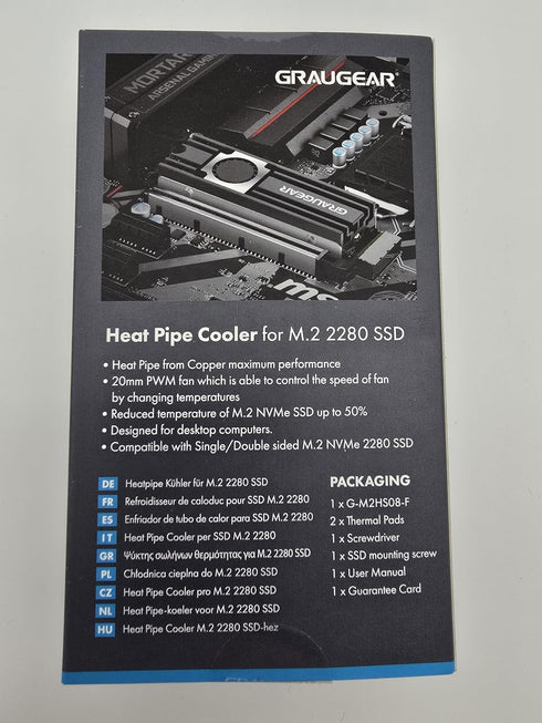 GRAUGEAR M.2 2280 SSD Heatsink with 20mm Cooling Fan, Copper Heat Pipe, Aluminum Plate-Fin Design, Thermal Pads Included