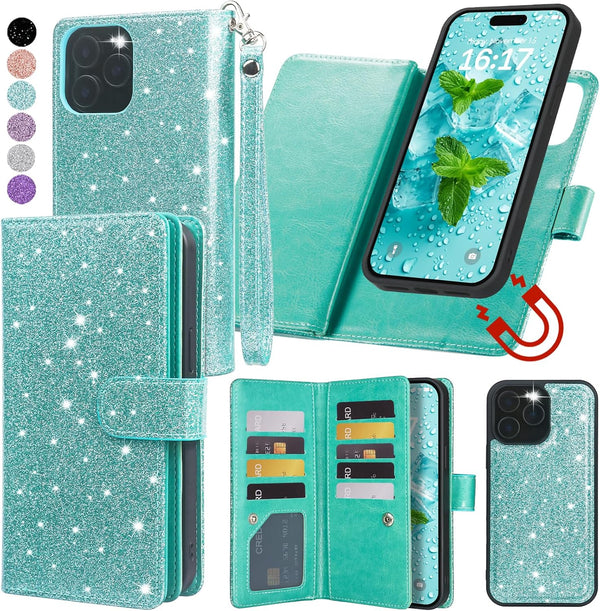 Varikke Detachable Wallet Case for iPhone 13 Pro with Card Holder for Women, Glitter PU Leather, Mint Green