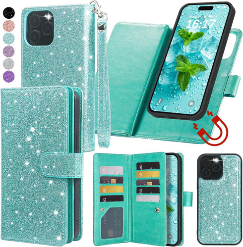 Varikke Wallet Case for iPhone 13 Pro Max, Fashion Glitter Leather Strap, Magnetic Flip Cover, Mint Green