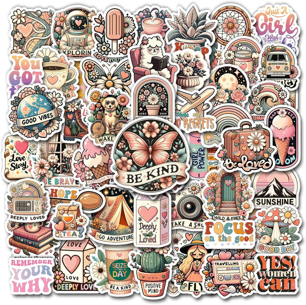 Pack of 50 Vintage Inspirational Stickers, Boho Motivational Aesthetic Vinyl Waterproof Decals for Decor