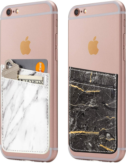 (Two) Cell Phone Stick On Wallet Card Holder Phone Pocket for iPhone, Android, and All Smartphones (White & Black)