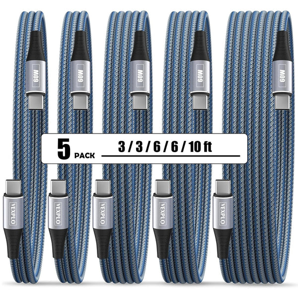 USB C to USB C Cable 10ft 6ft 3ft 5 Packs Fast Charger Cord Type C to Type C Cable for Samsung S24/23