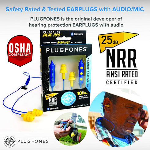 Plugfones Basic Pro Wireless Bluetooth Earbuds - Noise Reduction Headphones with Mic and Controls (Blue & Yellow)