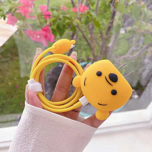 3D Cute Cartoon Charger Protector Case, Compatible for Apple 20W USB-C Power Adapter and Lightning Cable (Yellow Winnie)