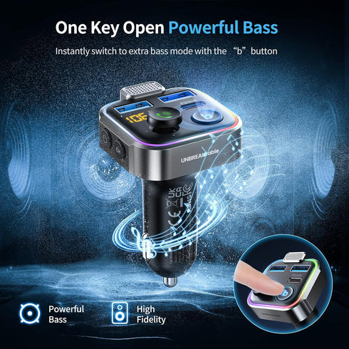 UNBREAKcable Bluetooth FM Transmitter for Car, PD 38W Fast Charging, Wireless Adapter with Hands-Free Calls, HiFi Bass