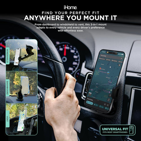 iHome Car Mount, Dashboard/Windshield/Vent Mount, Swivel Neck, Silicone Grip, Adjustable Mount Arm with Suction Cup