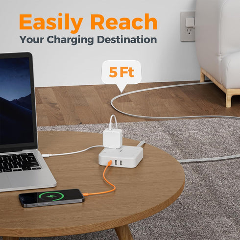 TESSAN Surge Protector Flat Extension Cord 5FT with 4 Outlets, 3 USB C Ports (1 USB C), 900 Joules Protection, White