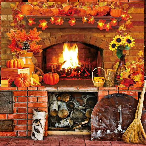 Fall Thanksgiving Decoration, Fireplace Backdrop Autumn Harvest Pumpkin Background for Thanksgiving Day Party Supplies