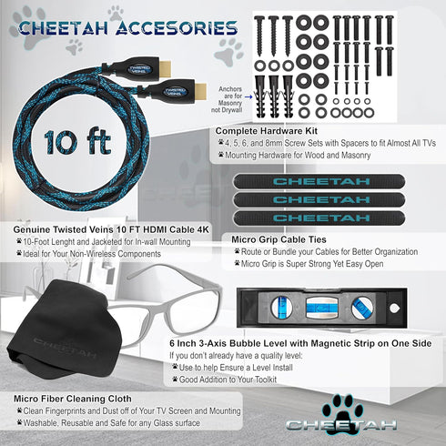 Cheetah 12-55 Inch 40lbs 200x200mm, 10ft 15" TV Monitor Wall Mount for TVs up to VESA with HDMI Cable, TouchAdjust