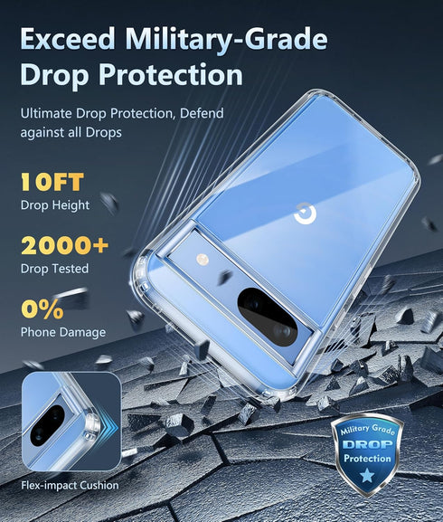 FNTCASE Clear Case for Google Pixel 8a: Military Grade Drop Protection, Anti Yellowing, Wireless Charging Support -