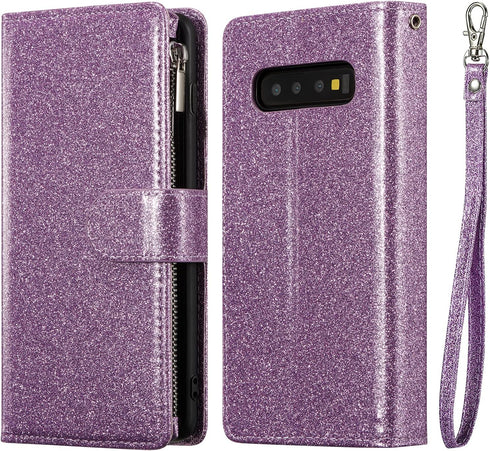 UEEBAI Wallet Case for Samsung Galaxy S10 Plus, PU Leather Magnetic Closure Handbag with Card Slots (Glitter Purple)