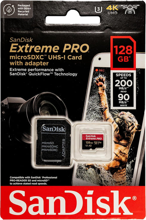 SanDisk Extreme Pro 128GB V30 A2 MicroSDXC Memory Card for DJI Works with Mavic Air 2 Drone 4K UHD U3 Bundle with (1) Everything But Stromboli MicroSD Card Reader