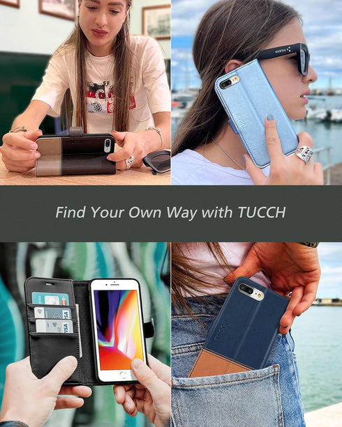 TUCCH Wallet Case for iPhone 8 Plus/iPhone 7 Plus, PU Leather Flip Cover with Card Slot, Black