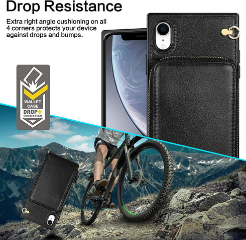 iPhone XR Zipper Leather Wallet Case (6.1-Inch) - 3-in-1 Crossbody Bag with Card Holder & Adjustable Anti-Theft Strap