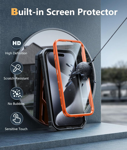 FNTCASE Military Grade Drop Proof Rugged Protective Case for iPhone 15 Pro with Kickstand & Built-in Protector (Orange)
