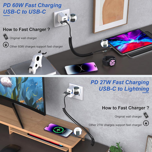 USB-C and Lightning Cable 4 in 1 Combo - MFi Certified Coiled iPhone Charger Cord for Apple Carplay & Android Auto