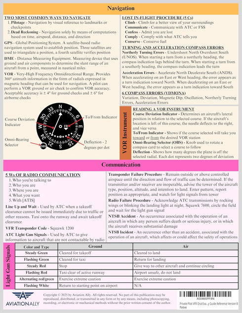 Comms, Private Pilot VFR Quick Reference Version B | Trifold Study Guide for Student Pilots | Airspace, Flight