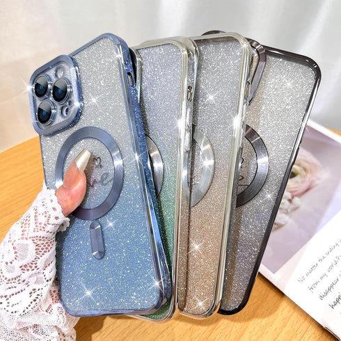 Fiyart iPhone 12 Pro Max Case - Blue Magnetic Glitter, Love Heart Plating, Clear, Shockproof, MagSafe Compatible, 6.7"