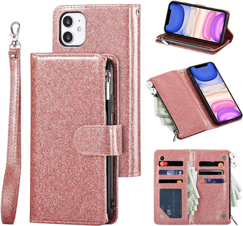 UEEBAI Wallet Case for iPhone 11 - PU Leather Magnetic Closure Handbag with Zipper Pocket, Glitter Pink