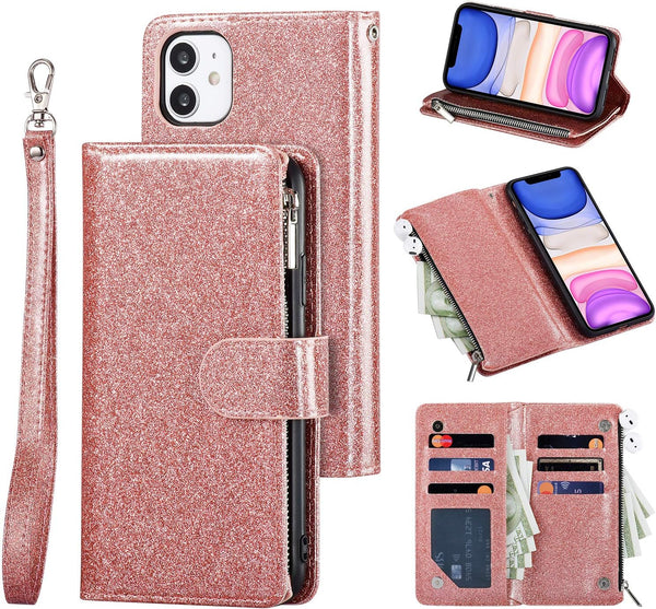 UEEBAI Wallet Case for iPhone 11 - PU Leather Magnetic Closure Handbag with Zipper Pocket, Glitter Pink
