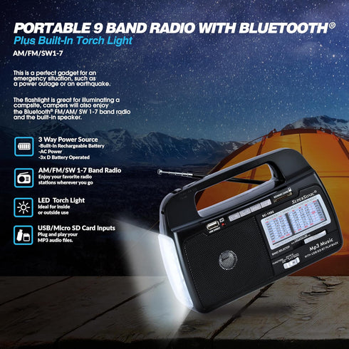 Supersonic 9 Band AM/FM/SW 1-7 Portable Radio, High Sensitivity Receiver, Rechargeable Battery, Torch Light