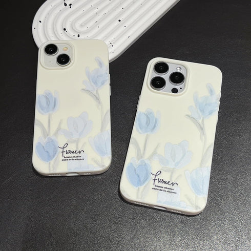 Artistic Blue Tulip Flower Soft Case for iPhone 14 Pro Max (Beige)