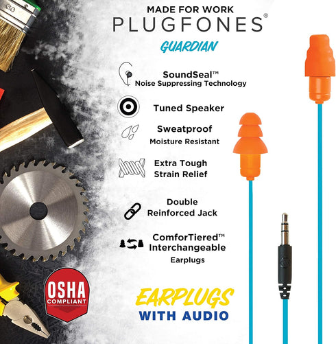 Plugfones Guardian in-Ear Earplug Earbud Hybrid, Noise Reduction Headphones in Blue & Orange