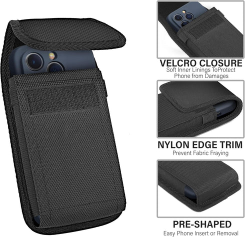 iPhone 15, 15 Pro, 14, 14 Pro, 13, 13 Pro, 12, 12 Pro, 11, XR, XS, 10 Holster with Belt Clip - Fits Phones with Cases.