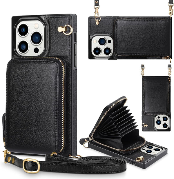 iPhone 13 Pro Max Leather Wallet Case, 6.7-Inch Zipper Shockproof Card Holder & Anti-Theft Lanyard, Crossbody Bag Black