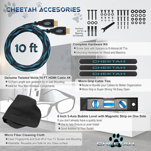 Cheetah 12-49 Inch 40lbs 100x100mm, 10ft 15" TV Monitor Wall Mount for TVs up to VESA with HDMI Cable, TouchAdjust