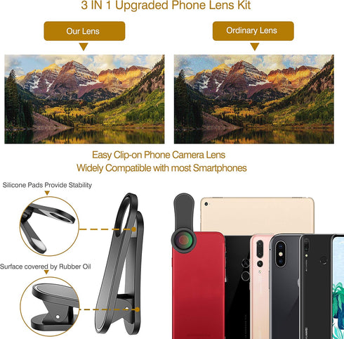 Phone Camera Lens - Upgraded 3 in 1 Kit: Fisheye, Macro, Wide Angle