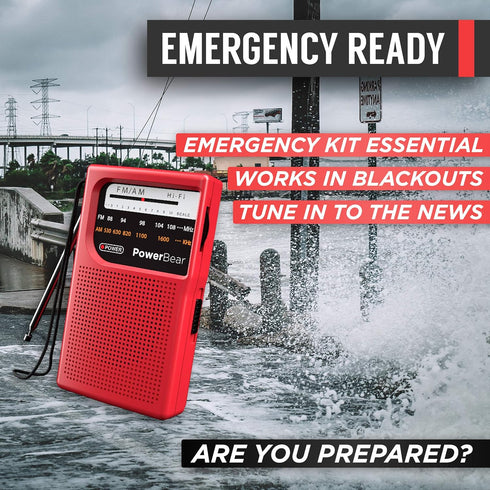 PowerBear Portable Radio | AM/FM, 2AA Battery Operated with Long Range Reception (Red)