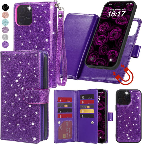Varikke Detachable Wallet Case for iPhone 13 Pro Max with Card Holder, Fashion Glitter Leather Strap Magnetic Flip